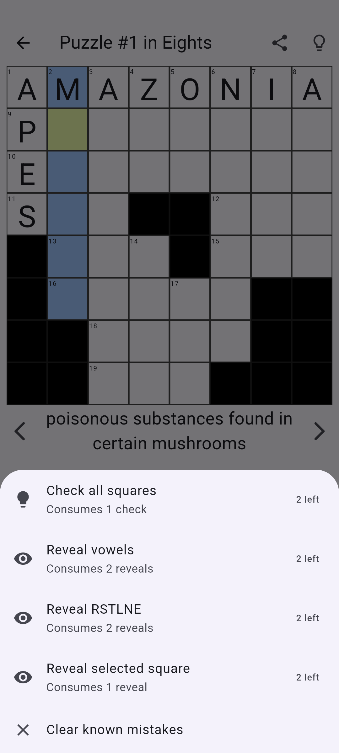 Puzzle with the hints menu open
